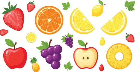 Obraz premium Fresh Fruit Collection Set with Apple, Orange, Lemon, Grapes, Pineapple, Strawberry and Slices for Healthy Food Design and Colorful Vector Illustrations