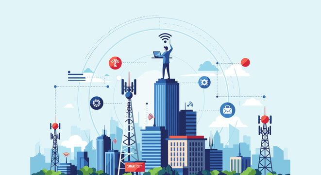 Smart city connectivity and telecommunication infrastructure concept featuring a professional managing network signals from a rooftop.