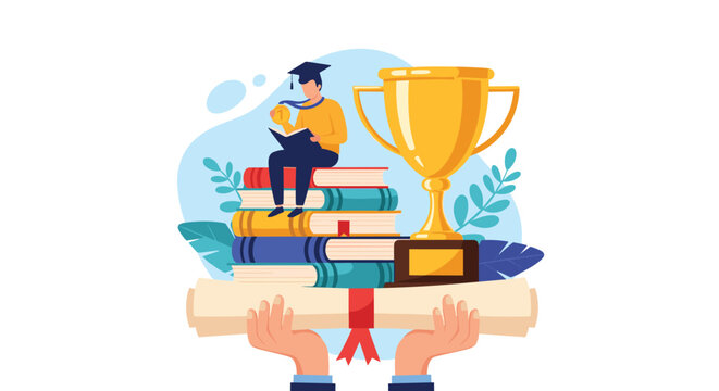 Academic achievement and graduation success concept showing hands holding a diploma under a student sitting on books.