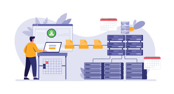 Database administrator managing server infrastructure while working at computer terminal to ensure network stability and uptime.