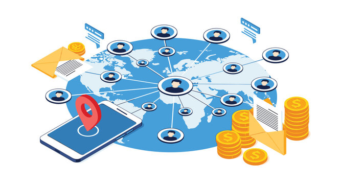 Global communication and logistics network showing world map with user nodes, mobile tracking, and international money transactions.