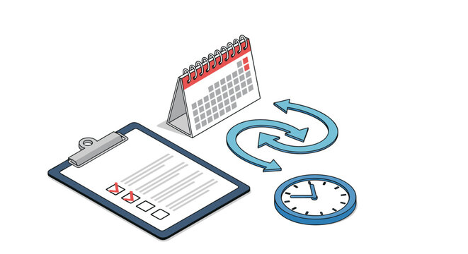 Project management tools including calendar, clipboard with checklist, clock, and refresh arrows to represent recurring task schedules.