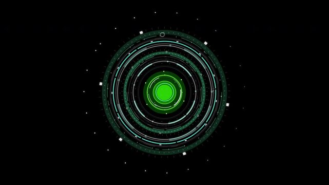 Futuristic HUD circular interface with rotating rings and digital elements, sci fi technology scanner, data visualization and user interface motion background