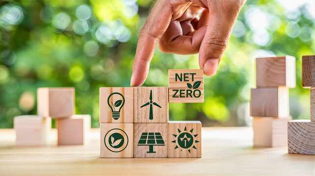 Building a sustainable future with renewable energy and net zero initiatives represented by wooden blocks