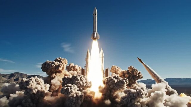 Powerful rocket launching from a desert launchpad with bright flames and smoke under a clear blue sky