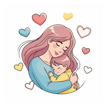 Tender moment of a mother hugging her child surrounded by colorful hearts