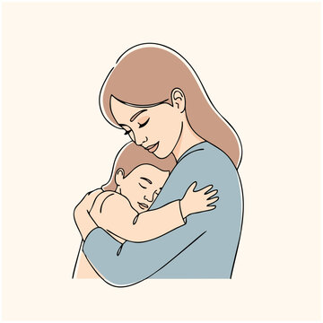 Loving mother gently hugs and kisses her sleeping baby tightly in a warm embrace.