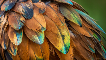 Fototapeta premium Macro bird feathers. Iridescence texture. Emerald green gold teal plumage. Organic pattern nature background. Tactile surface design. Wildlife macro photography. Biophilic aesthetic 2026 visual