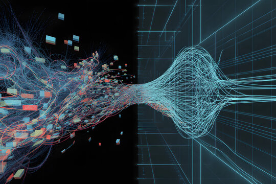 Digital Transformation: The dynamic interplay of data streams merges from chaos to structured form, representing the digital transformation process.