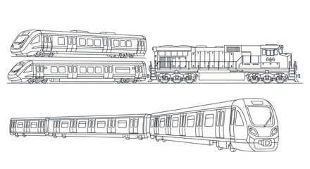Modern Train and Locomotive Line Art Illustrations © Apel