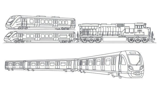 Modern Train and Locomotive Line Art Illustrations