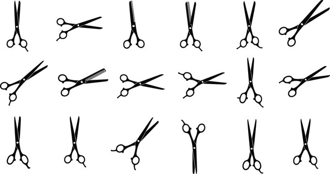 Hairdressing scissors line icons set with barber shears different positions outline vector illustration