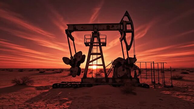 Oil Pump Jack at Sunset in Desert for Energy Industry