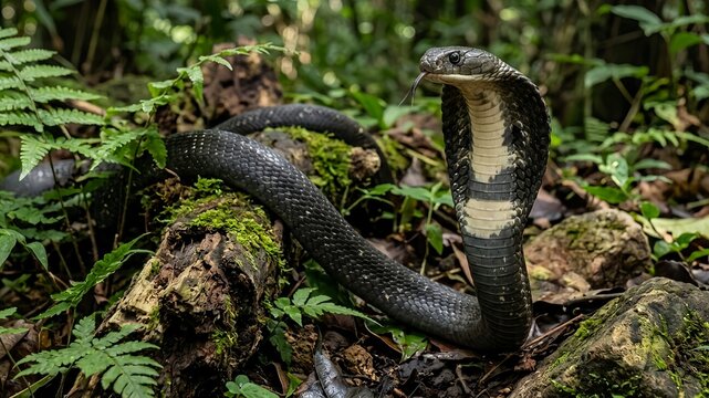 King Cobra Ophiophagus hannah in a defensive posture with hood expanded on the forest floor, generative AI