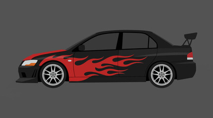 Obraz premium Side view of a black sports sedan with vibrant red flame decals and a rear spoiler on a solid grey background, showcasing custom automotive design.
