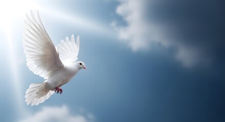 Fototapeta premium Easter dove flying in blue sky with white clouds symbolizing peace and freedom on easter sunday morning
