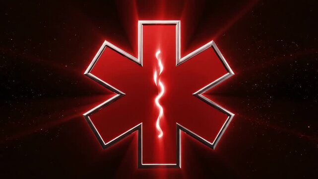 Intense radiant red medical emblem glowing with vital energy, symbolizing critical emergency services and immediate healthcare response in a moment of need