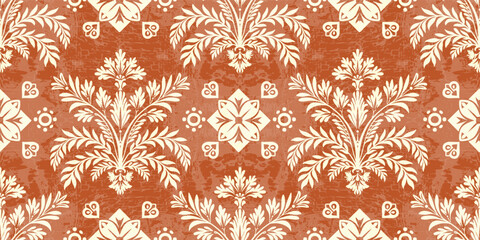 floral pattern vintage ethnic modern embroidery texture boho design vector illustration hand drawn orange flower motif branches leaves wallpaper seamless background border. © Thitichot