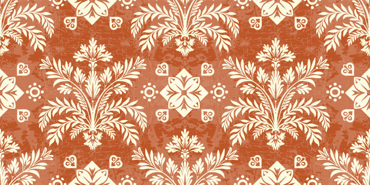 floral pattern vintage ethnic modern embroidery texture boho design vector illustration hand drawn orange flower motif branches leaves wallpaper seamless background border.