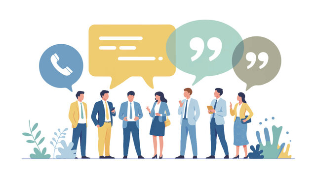 Business people in a discussion, communicating with speech bubbles and phone icon, clean minimalist illustration for business and communication concepts