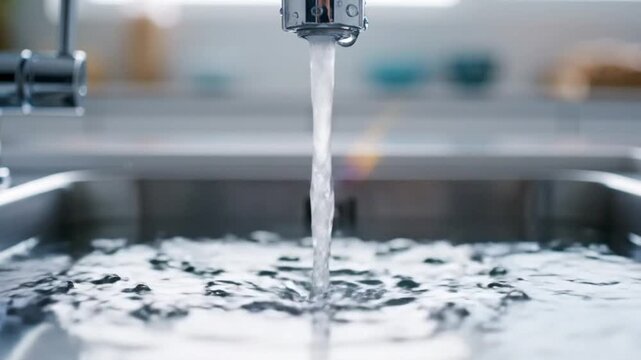 Close up view of running water from a chrome kitchen faucet filling a stainless steel sink