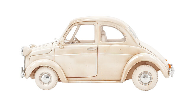 Beige vintage classic car, side view, isolated on a transparent background