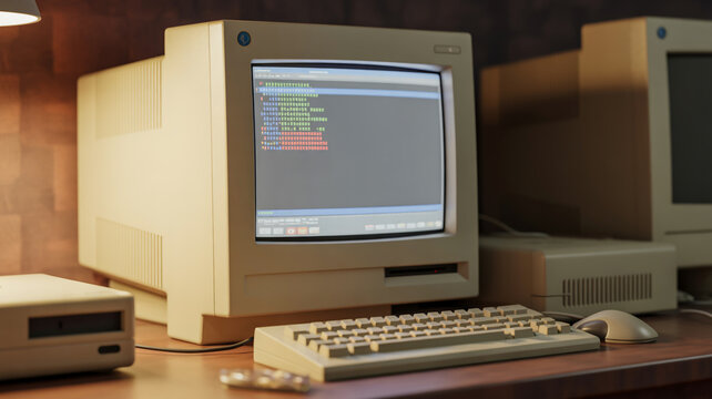 Vintage beige CRT computer monitor and keyboard on a wooden desk retro technology