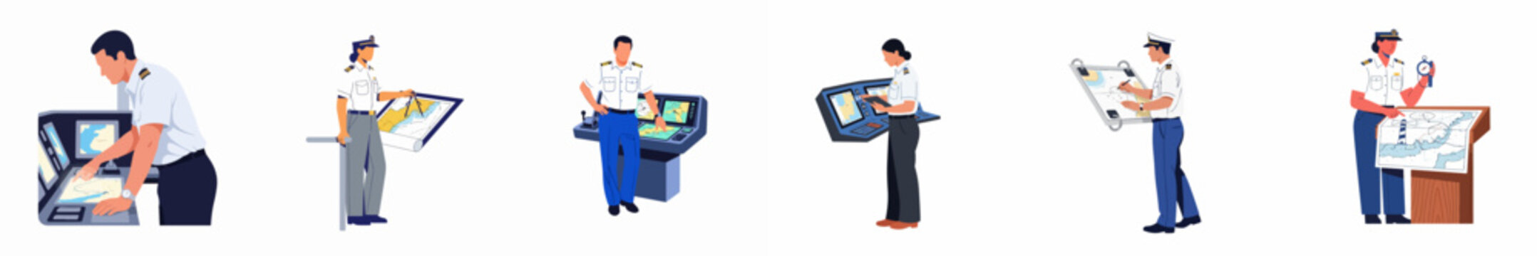 Vector illustration set of ship captains and maritime officers navigating with maps, compasses, and control bridge panels on white background.