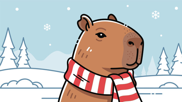 Cartoon Capybara Wearing Red White Striped Scarf.