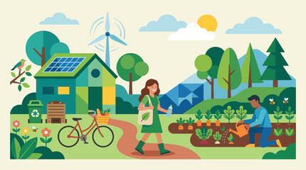 Fototapeta premium Walking woman in green dress carrying bag while a gardener tends a garden beside a solar house with bicycle and wind turbine, seen in a sunny eco‑village vector illustration from a side view
