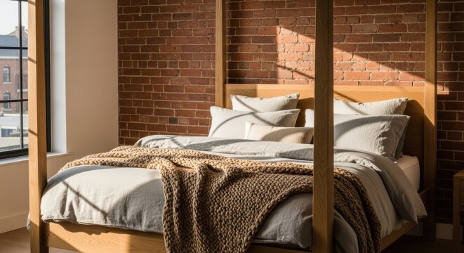 A natural oak finish four-poster bed with cozy linens and a woven throw bathed in warm sunlight against a brick wall