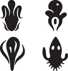 Obraz premium Set of four abstract solid black fill clean silhouette vector design octopus icons on a transparent background
