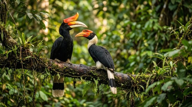 Wreathed Hornbill Pair on Branch Tropical Wildlife Scene