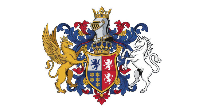 Royal Coat of Arms with Griffin, Unicorn, Helmet, Crown and Shield
