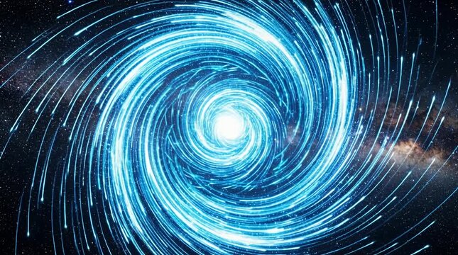 Entrancing blue cosmic vortex swirling in space, astronomy, galactic motion, interstellar travel, space.