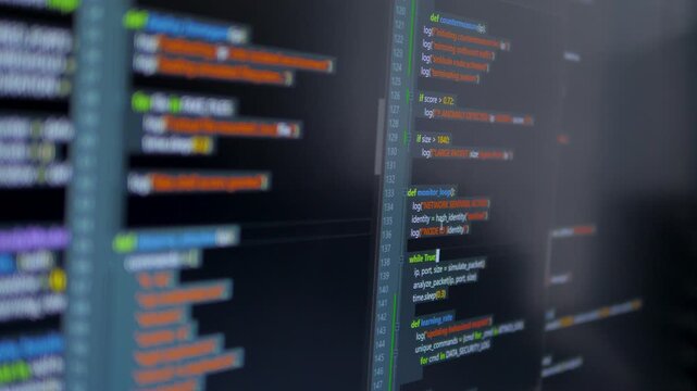 Close up computer monitors displaying fictional programming code and software development interface, technology workspace concept