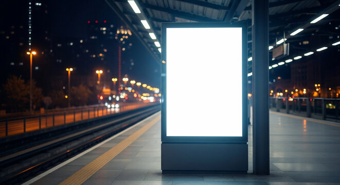 Blank Billboard At Night Station.
