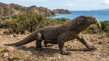 Fototapeta premium Komodo Dragon Varanus komodoensis on the rocky coast of Komodo Island, Indonesia, generative AI