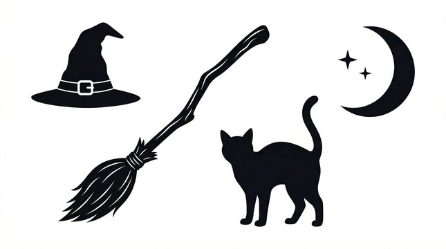 Mystical Halloween Silhouettes: A collection of enchanting Halloween icons&mdash;witch hat, broom, cat, stars, and crescent moon&mdash;creates an air of mystery and anticipation for the spooky season.