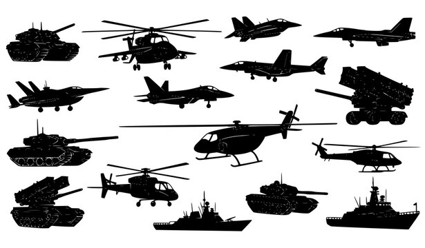 Military silhouettes vector set tanks jets helicopters warships defense illustration