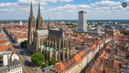 Obraz premium Aerial View of Historic Cityscape with Gothic Cathedral and Red Tiled Roofs