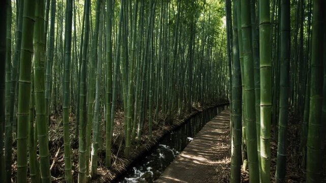 竹林の木漏れ日を縫うように進む流体のフォロー