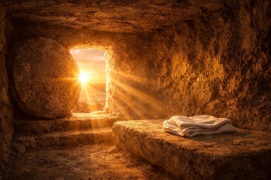 Empty tomb cave with strong sunlight rays, hope and faith concept