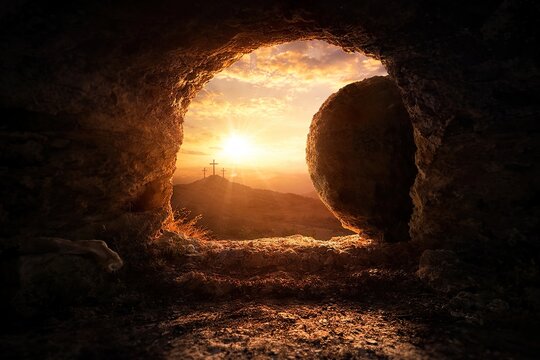 Empty tomb at sunrise with stone rolled away, dramatic resurrection scene