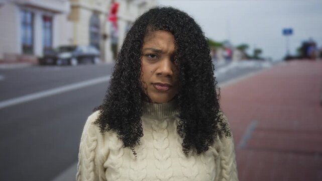 African american woman in cable knit sweater covers ears on city street near passing cars and brick sidewalk; traffic noise discomfort.
