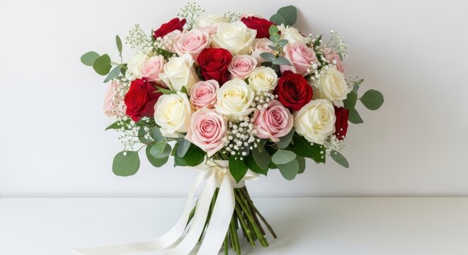 Elegant bridal bouquet featuring a mix of fresh red, pink, and white roses with delicate baby's breath and eucalyptus leaves, tied with a long white ribbon