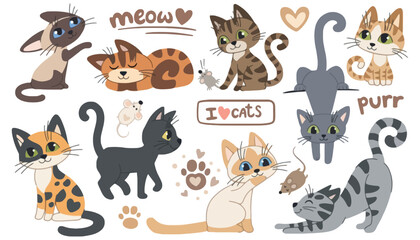 Fototapeta premium A colorful cat sticker set with various cartoon felines and cute expressions