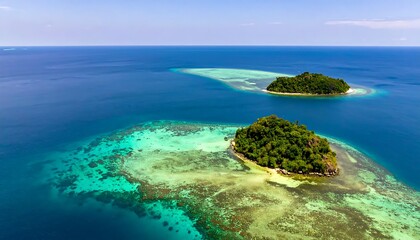 Fototapeta premium Aerial view of two small islands with lush greenery and coral reefs