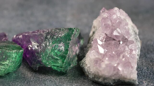 Crystals of amethyst and fluorite on gray surface