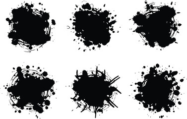 Six black ink splatters on a white background © MSTSHAYELA